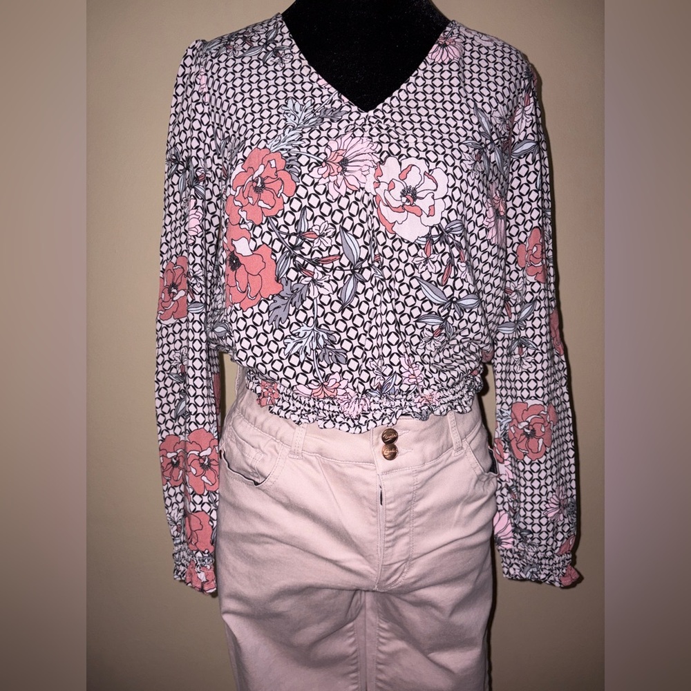 Candie's Pink and Black Floral Crop Blouse